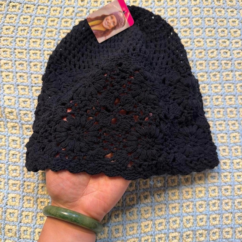 Black Crochet Boho Whimsygoth Beanie Floral Knit Fairy Grunge Hat Deadstock